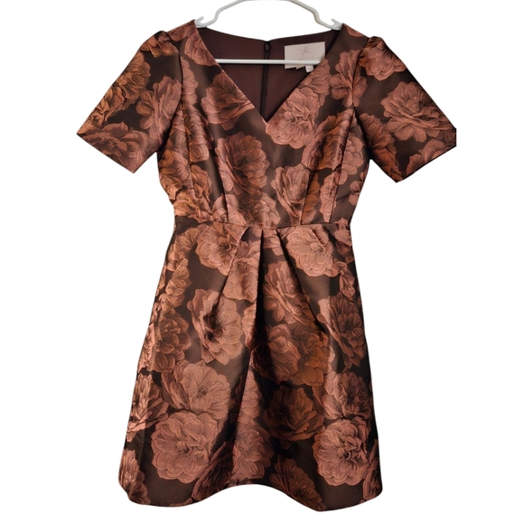 Gal Meets Glam Dresses & Skirts - Gal Meets Glam Dress Ingrid Jacquard Rose in Rust 0P Pleated Puffy Short Sleeve